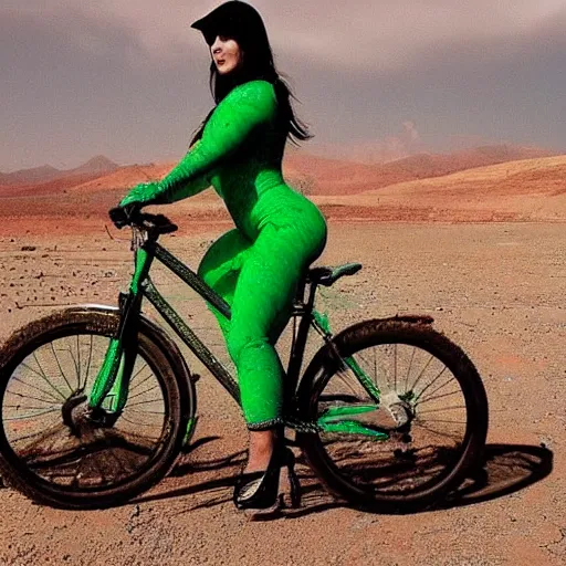 Prompt: the perfect woman riding a bike in the dessert, its raining green acid that melts the mountains around