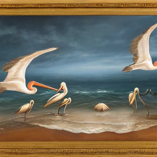 Image similar to an octopus learning to fly with pelicans, oil on canvas, intricate, 8k highly professionally detailed, HDR, CGsociety