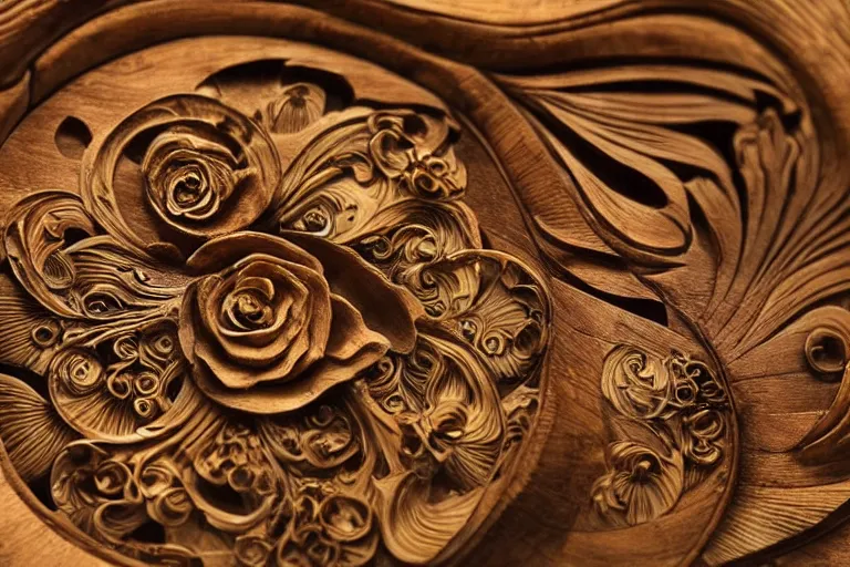 Prompt: an intricate seashell is carved into a wooden table with a single rose petal, close up view, dramatic lighting, DOF, intricate artwork by alphonse mucha and Ruan Jia