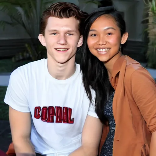 Prompt: Tom Holland with his arm around a beautiful Filipina college girl at Chapman University