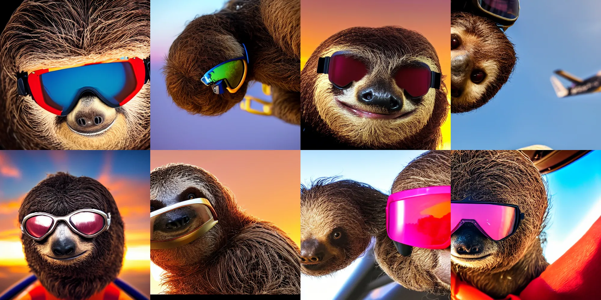 Prompt: Portrait closeup macro photography of a sloth skydiving, the sloth's hair is flowing in the wind, the sloth has goggles on, in the background the plane is exploring, big fireball, red-tinted sky. Golden hour, 35mm f/2.8, cooke anamorphic lens, Oscar nominated James Bond movie, national geographic, 8k wallpaper