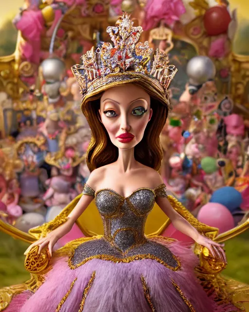 Prompt: highly detailed closeup, face profile portrait of a tin toy angelina jolie as a fairytale princess wearing a crown and sitting on a throne, bikini, depth of field, nicoletta ceccoli, mark ryden, lostfish, max fleischer, breathtaking, detailed and intricate environment, 8 k resolution, hyperrealistic, octane render