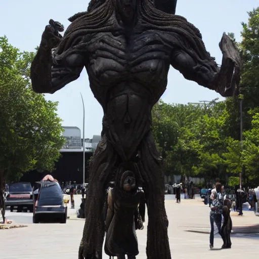 Prompt: giant sculpture of eldrich alien god, made of black stone, worshipped by crowd of neanderthals