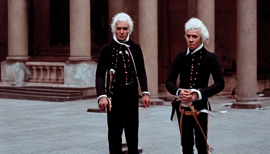 Image similar to 1 9 7 0 s movie still of maximilien de robespierre, cinestill 8 0 0 t 3 5 mm, high quality, heavy grain, high detail, cinematic composition, dramatic light, anamorphic, ultra wide lens, hyperrealistic