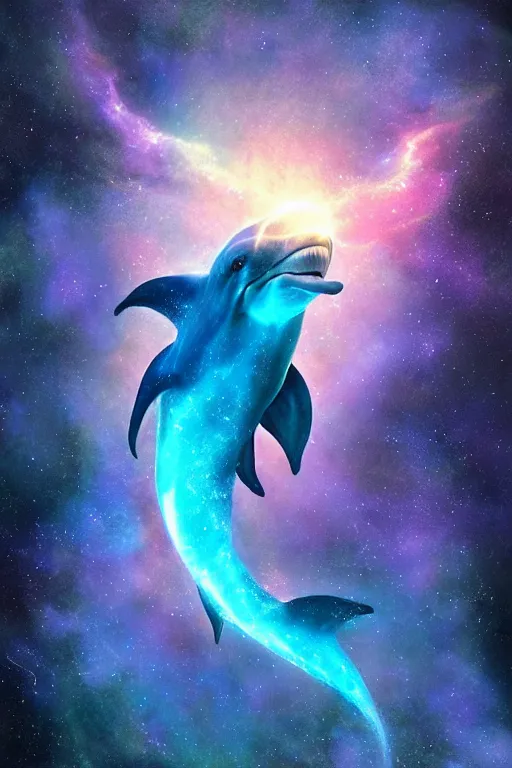 Image similar to Ethereal blue fire dolphin swimming through a nebula, Sirius star system, star dust, cosmic, magical, shiny, glow,cosmos, galaxies, stars, outer space, stunning, by andreas rocha and john howe, and Martin Johnson Heade, featured on artstation, featured on behance, golden ratio, ultrawide angle, hyper detailed, photorealistic, epic composition, wide angle, f32, well composed, UE5, 8k