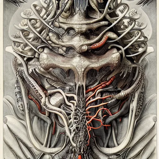 Image similar to A beautifully detailed frontispiece for the Compendium of Alien Anatomy by Ernst Haeckel and Nekro, vivid color, trending on artstation, cgsociety 4K.