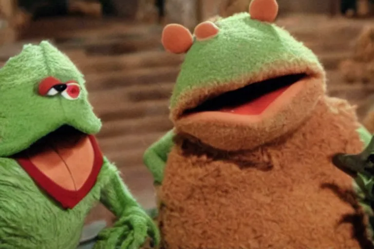 Image similar to a film still of pizza the hut in the muppets, high quality