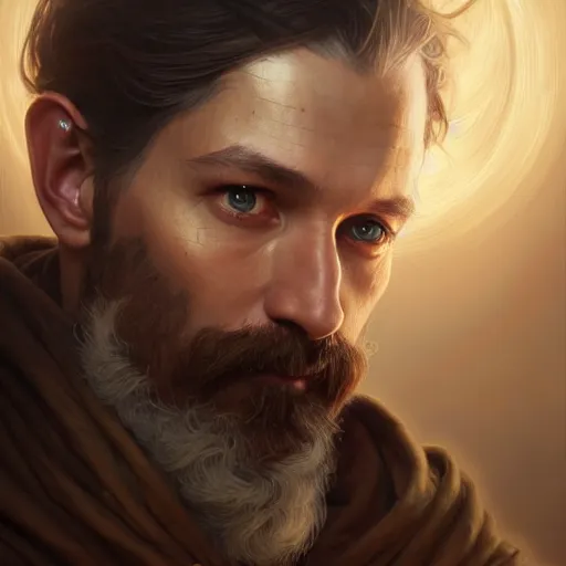 Image similar to portrait painting of a d & d male cleric, ultra realistic, concept art, intricate details, eerie, highly detailed, photorealistic, octane render, 8 k, unreal engine. art by artgerm and greg rutkowski and charlie bowater and magali villeneuve and alphonse mucha