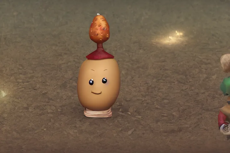 Image similar to the potato king which is a potato appears before the large crowd of his subjects in all his glory wearing his crown, concept art, blender, glossy googly eyes, realistic dirt.