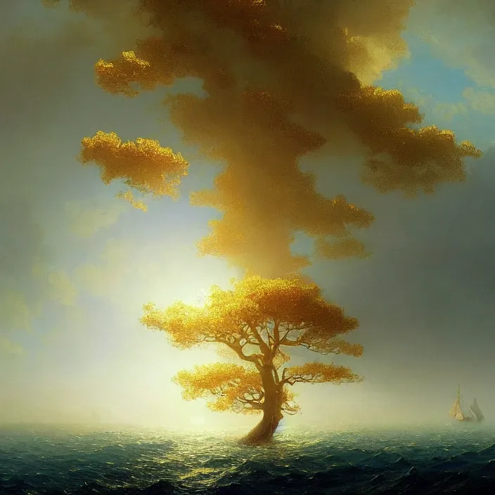 Image similar to a beautiful painting of the gold world tree on the sea by ivan aivazovsky and greg rutkowski and james gurney, in style of impressionism. dark fantasy, elden ring, hyper detailed, sharp focus, soft light. unreal engine 5. unreal engine 5 lumen. ray tracing. trending on artstation.