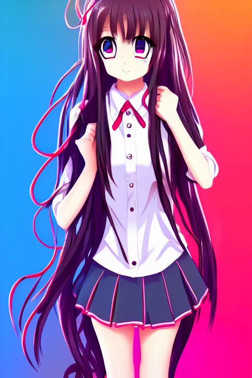 Image similar to full body anime portrait of a cute girl round eyes long hair dressed in a school uniform cinematic stunning highly detailed 4 k neon anatomically correct