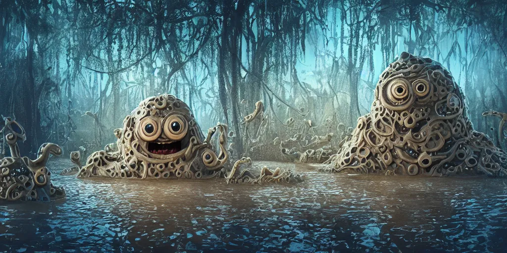 Image similar to of an intricate muddy lake water with strange cute friendly happy creatures with huge eyes, long tongue, round teeth and goofy funny face, appearing from the background, in the style of gehry and gaudi, macro lens, shallow depth of field, ultra detailed, digital painting, trending artstation, concept art, illustration, cinematic lighting, photorealism, epic, octane render