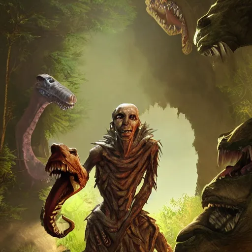 Image similar to a hyper real comic book style portait painting of vecna in the stone age with dinosaurs, unreal 5, hyperrealistic, octane render, cosplay, rpg portrait, dynamic lighting