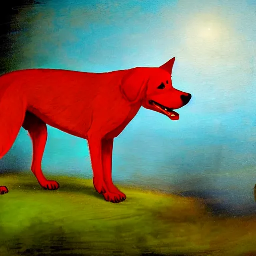 Image similar to A red dog portrait with big eyes and little ears laughing. in the art style of William Turner. Dramatic lighting, high resolution.