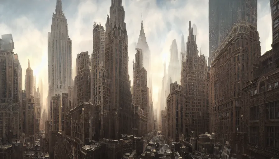 Image similar to Realistic painting of Neo-Gothic New York City at day, wide angle, volumetric light, artistic, hyperdetailed, artstation, cgsociety, 8k