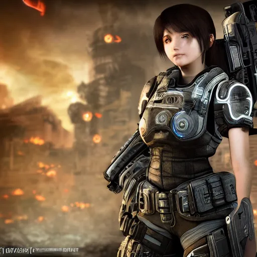 Image similar to anime girl in Gears of War, highly detailed, high quality, HD, 4k, 8k, Canon 300mm, professional photographer, 40mp, lifelike, top-rated, award winning, realistic, sharp, no blur, edited, corrected, trending