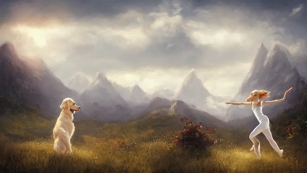 Image similar to “ ballet girl dance with a white golden retriever besides a red cottage, mountains in the background, soft lighting, by charlie bowater, by greg rutkowski ”