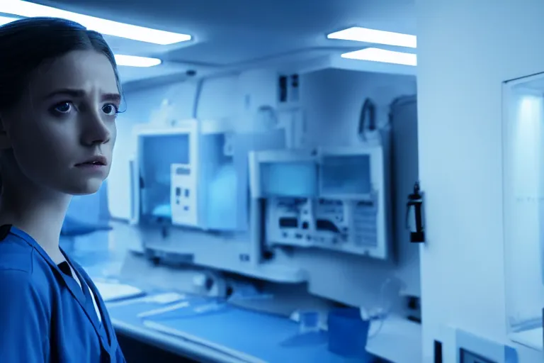 Image similar to promotional image from a dystopian sci - fi movie, a girl in a dark dystopian lab, blue lighting, muted colors, medical equipment, 8 k, cinematic, dramatic lighting, very detailed face, movie still frame, promotional image, imax 7 0 mm footage