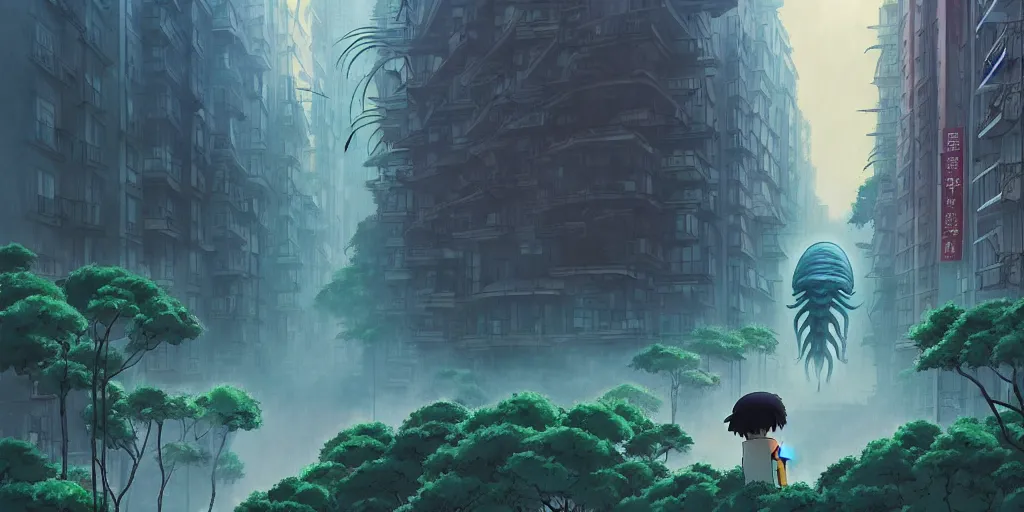 Prompt: a beautiful movie still in the style of Studio Ghibli anime showing a giant scary alien creature destroying a building in a post-apocalyptic New York City overrun with vegetation. Studio Ghibli, award-winning scifi, aerial photography, wide angle lens, trending on artstation, trending on behance