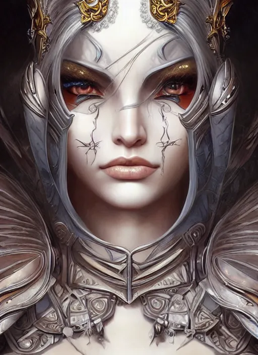 Image similar to a highly detailed symmetrical painting of a female model fantasy warrior with piercing beautiful eyes, trending art by artgerm and karol bak and mark brooks