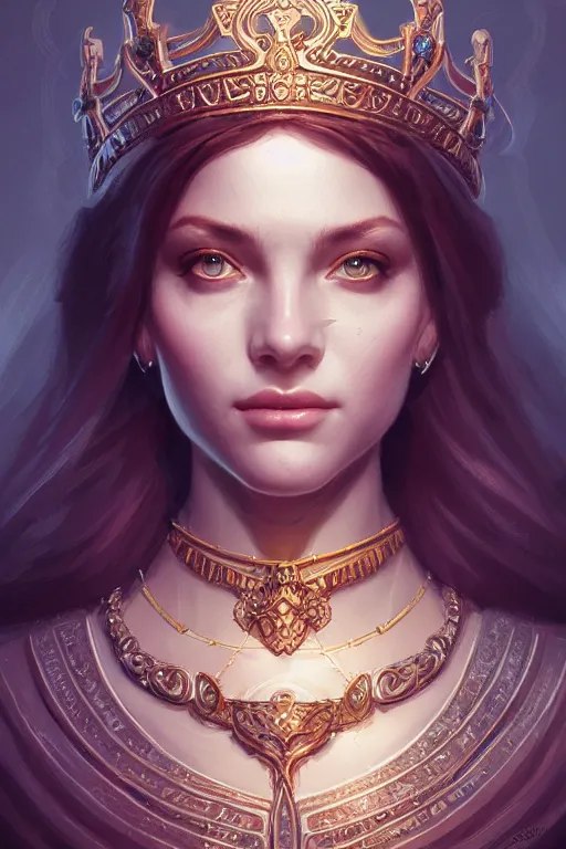 Image similar to highly detailed portrait of an elegant goddess, ornate crown, beautiful symmetrical face, digital painting, artstation, concept art, smooth, clear focus, illustration, greg rutkowski, artgerm, global lighting, detailed and fantasy