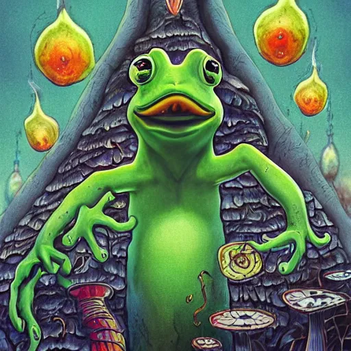 Image similar to A centered chest up portrait of a psychedelic lovecraftian godlike anthropomorphic frog smoking a hand-rolled cigarette smoking heavily , magic mushroom village in background . award winning. superb resolution. in the art style of junji Ito and greg rutkowski . Detailed Mushroom city in background. Hyper realistic anime. Perfect art. Dalle2