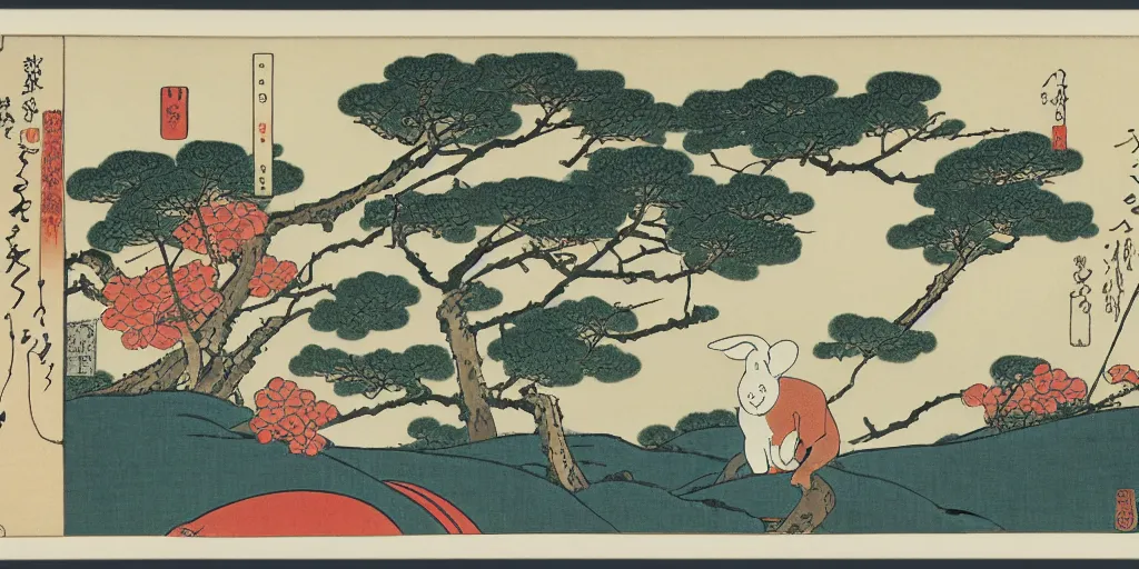 Prompt: ukiyo - e woodblock print of a rabbit on top of a hill, trees in the background, by hokusai