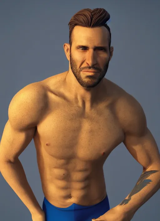 Prompt: 3 2 - year - old sporty man, short stubble, wearing tropical short sleeve shirt and speedo, character design, octane render, 8 k, portrait