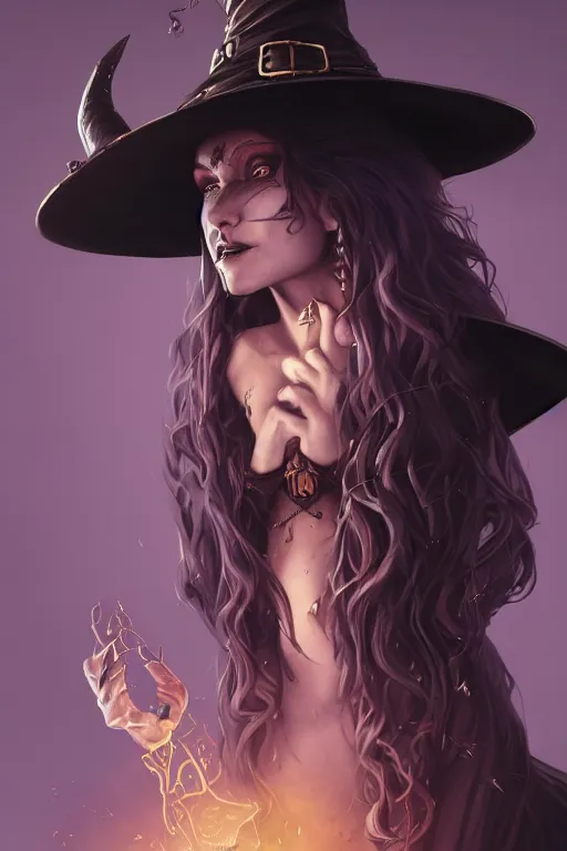 Image similar to an insanely detailed close up portrait of a beautiful witch standing in an alchemy lab, long purple hair, tightly fitting black ornate dress and black witch hat, in the style of peter mohrbacher, artgerm, dramatic lighting and composition, octane render, trending on artstation, concept art 8 k