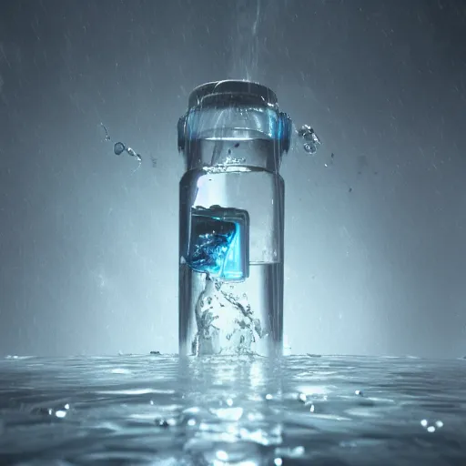 Prompt: a bottle of water falling through the depths of despair, dynamic lighting, photorealistic dark sci - fi concept art, trending on artstation, stunning visuals, creative, cinematic, ultra detailed