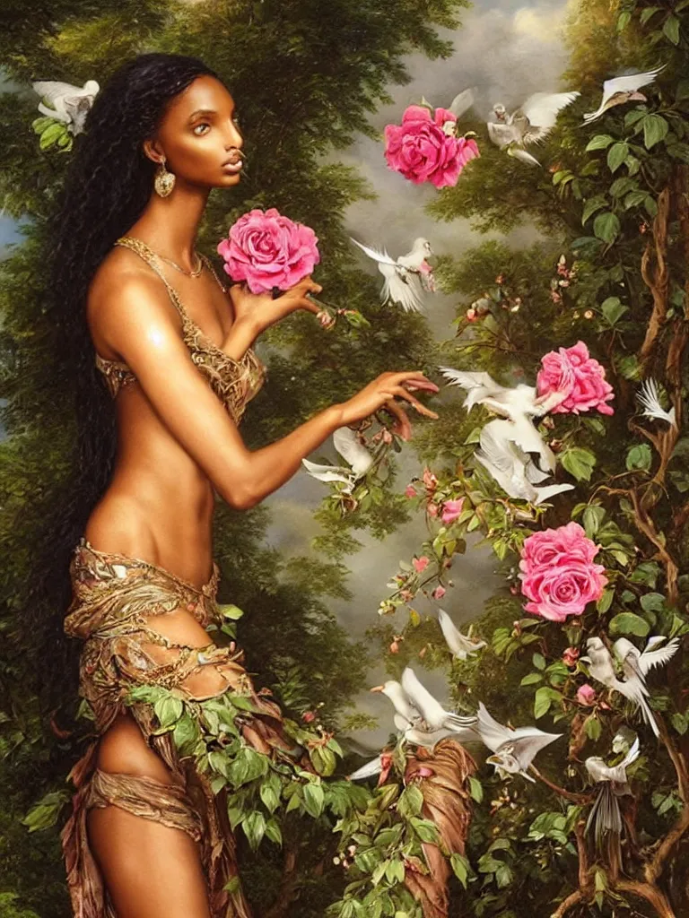 Image similar to jasmine tookes is the goddess of love : : background of roses, myrtle, doves : : rococo, academicism