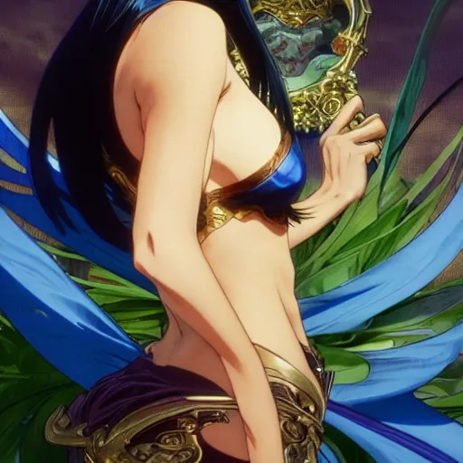 Image similar to highly detailed vfx portrait of nico robin by eiichiro oda, makoto shinkai, alphonse mucha, sharp focus, art by artgerm and greg rutkowski!, backlit, harsh overhead sunlight, blue eyes, stanley kybric, takeshi obata, kaoru mori, tsutomu nihei, pixiv, fanbox,