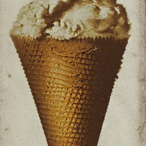 Image similar to a detailed color daguerreotype of a ice cream cone on fire