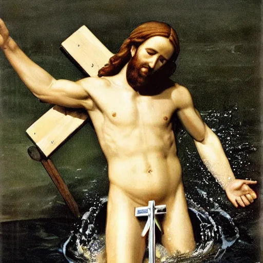 Prompt: jesus on his cross in a pool with water up to his waist