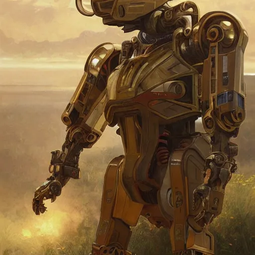 Image similar to epic painting of a realistic four - legged intricate battle robot, rule of thirds, golden ratio, subject in center of frame, trending on artstation, detailed science fiction matte painting by artgerm and greg rutkowski and alphonse mucha,