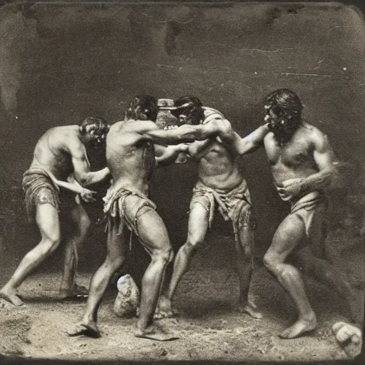 Image similar to brutal spartan men fistfighting in pit, sparta, daguerreotype photograph, ancient photograph