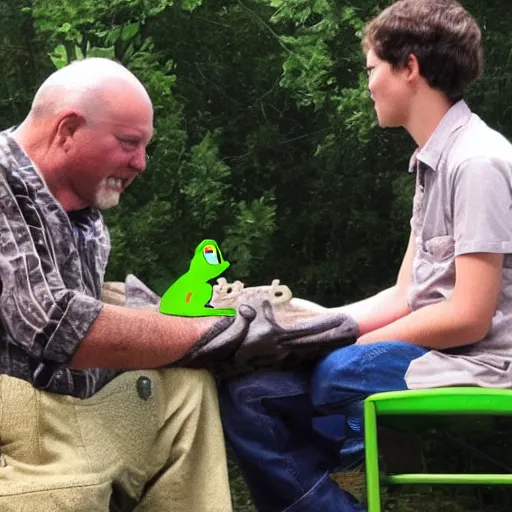 Prompt: photo of a frog man talking with his cat