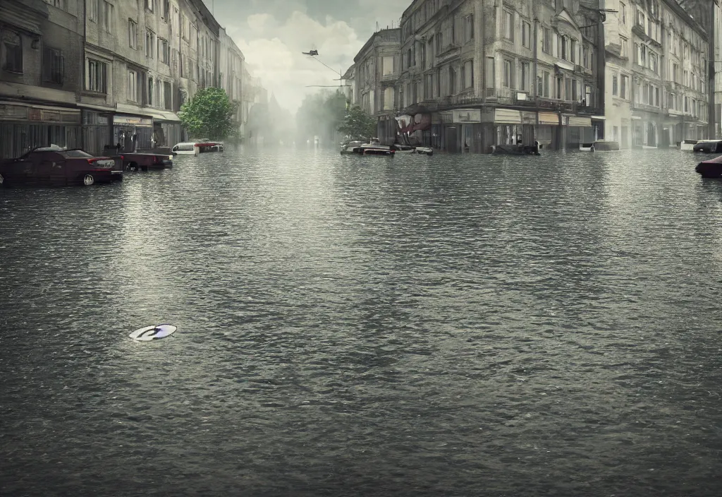 Image similar to kodak portra 4 0 0 photographic and realistic, bath, detailed, octane render, unreal engine, 4 k, artstation, hyper realistic, wide angle, floor flooded, how a river, objects that float, 3 5 mm, sharp focus, soft light, volumetric light fog, in the style of gregory crewdson