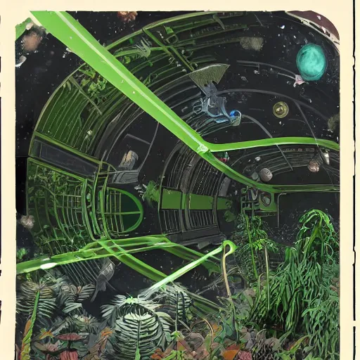 Prompt: an abandoned space station. plants evolving into animals creeping up the walls, in 1950s sci fi book cover style