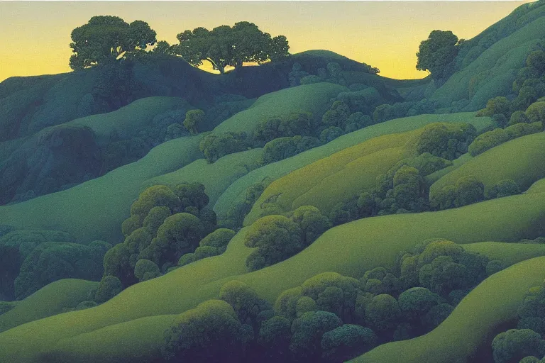 Prompt: masterpiece painting of oak trees along the ridge at dawn, by a. j. casson and john watkiss and edward okun and dan munford and maxfield parrish