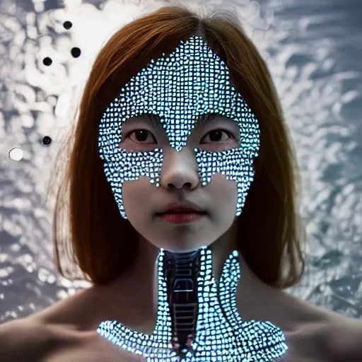 Image similar to beautiful centered fine art photo portrait of hoyeon jung as a solarpunk robotic humanoid, half body above water, white mechanical parts with led lights, ultra - realistic and intricate, white background, sun lighting, soft focus, slow exposure hdr 8 k