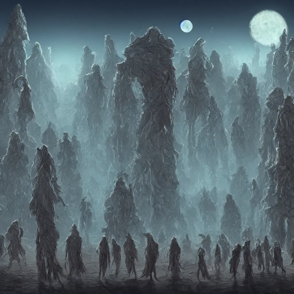 Image similar to illustration of a small group of cloaked figures roaming the desert at night, surrounded by a labyrinth of organic crystal structures, weakly illuminated by the moon above, concept art, artstation