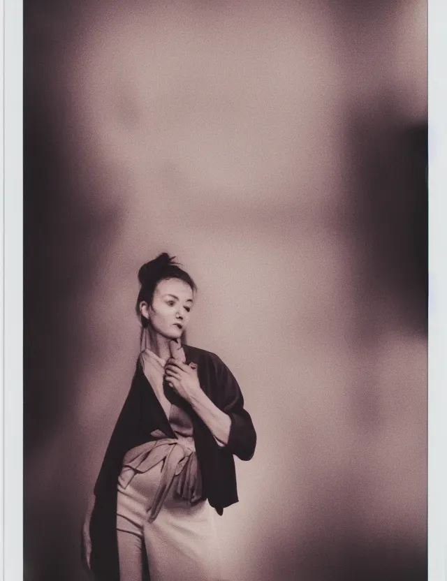 Prompt: polaroid photo with flash, portrait of a woman in oversize blazer, polaroid photo bleached strong lights, kodak film stock, hyper real, stunning moody cinematography, with anamorphic lenses, by maripol, detailed