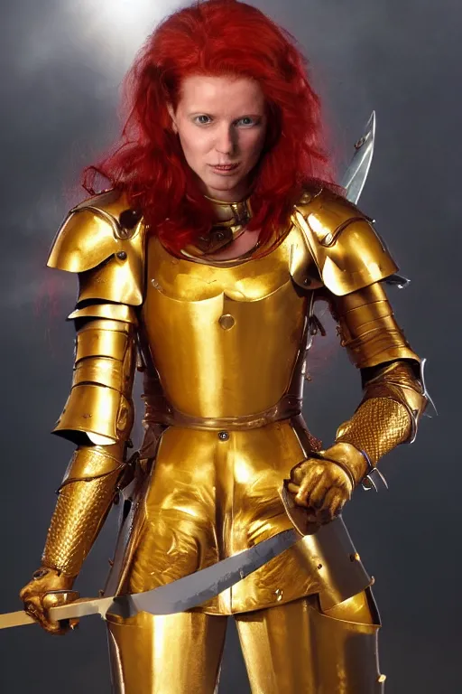 Image similar to a tall, red - haired female knight wearing golden armor and a right golden prosthetic arm, she wields a long golden blade