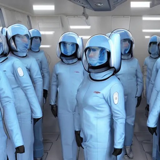 Image similar to troop of grannies with white bob hairdos, tight light blue neopren pilot suits, futuristic cloning facility, sci - fi, highly detailed, cinematic