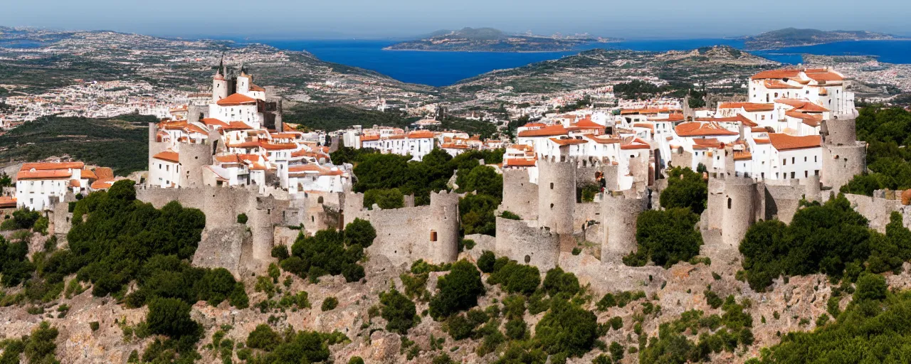 Prompt: 35mm photo of the Spanish castle of Salobrena on the top of a large rocky hill overlooking a white Mediterranean town, white buildings with red roofs, small square white buildings, ocean and sky by June Sun