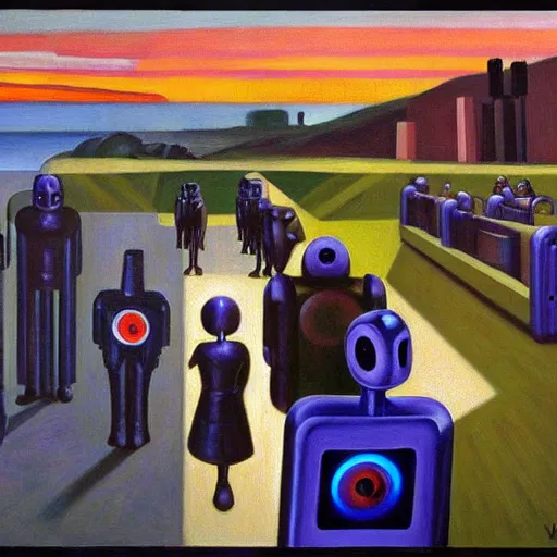 Image similar to robots herding humans, human subjugation, mind control, dystopian, pj crook, edward hopper, oil on canvas