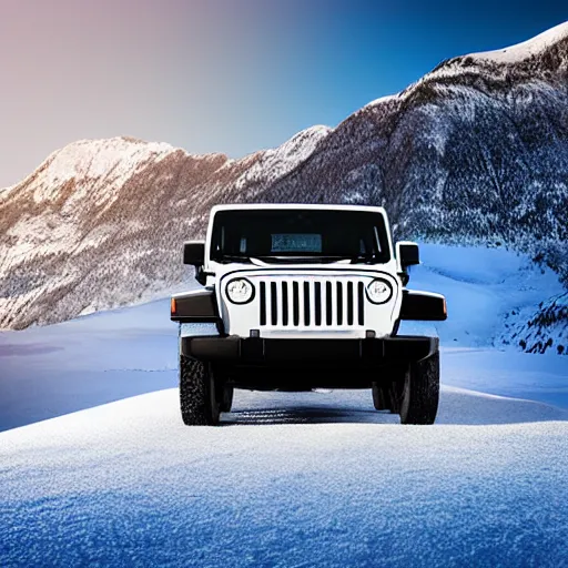 Image similar to white jeep wrangler driving up snow covered mountain on edge of a cornice, dramatic lighting, cinematic, photo realism