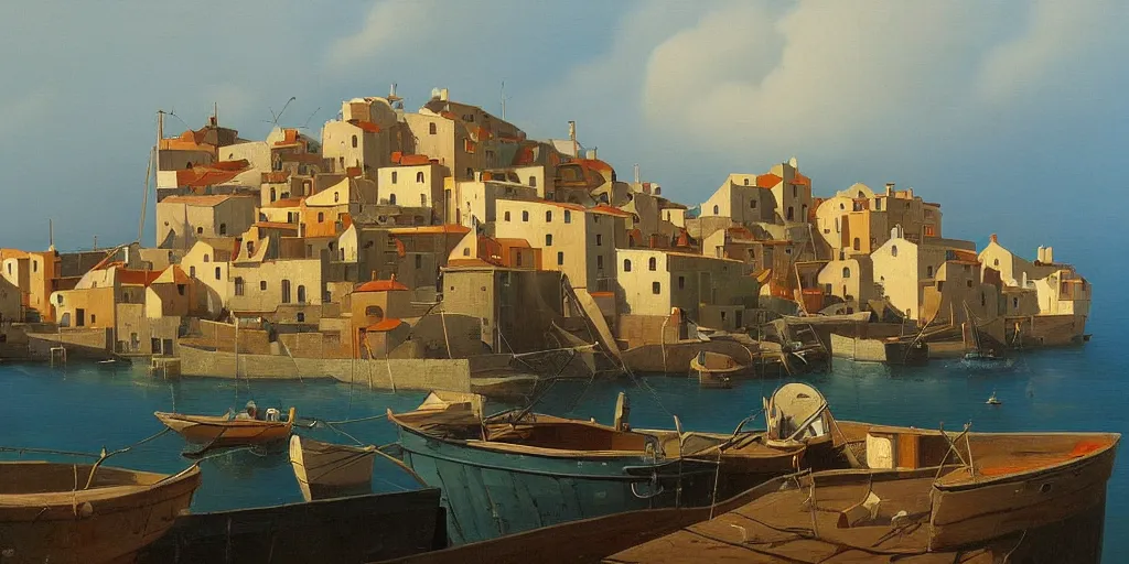 Prompt: A painting of a Mediterranean fishing village by Michiel Schrijver
