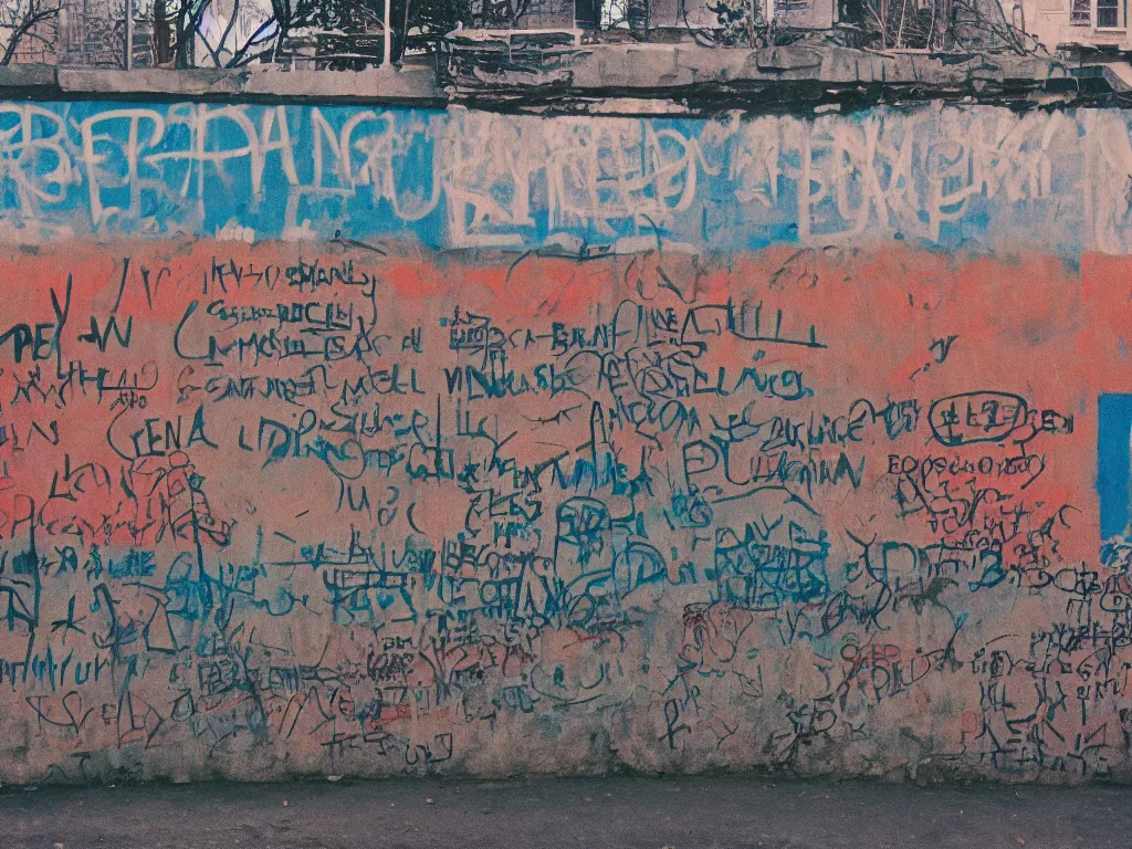 Image similar to “35mm film photography of Berlin Wall, various subjects, cinestill 800t, grain”